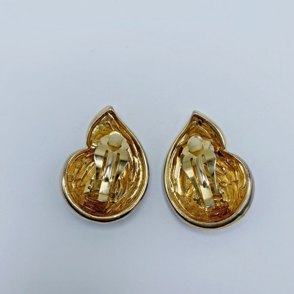 Vintage Large Gold Tone Enamel Navy White Abstract Earrings Statement Heavy 80s - Picture 3 of 6